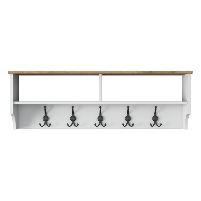 Hanah Home P2 - 2460 Perchero Recibidor con Almacenamiento y Ganchos de Metal, Blanco y Nogal, 120x37.2x22.2 cm